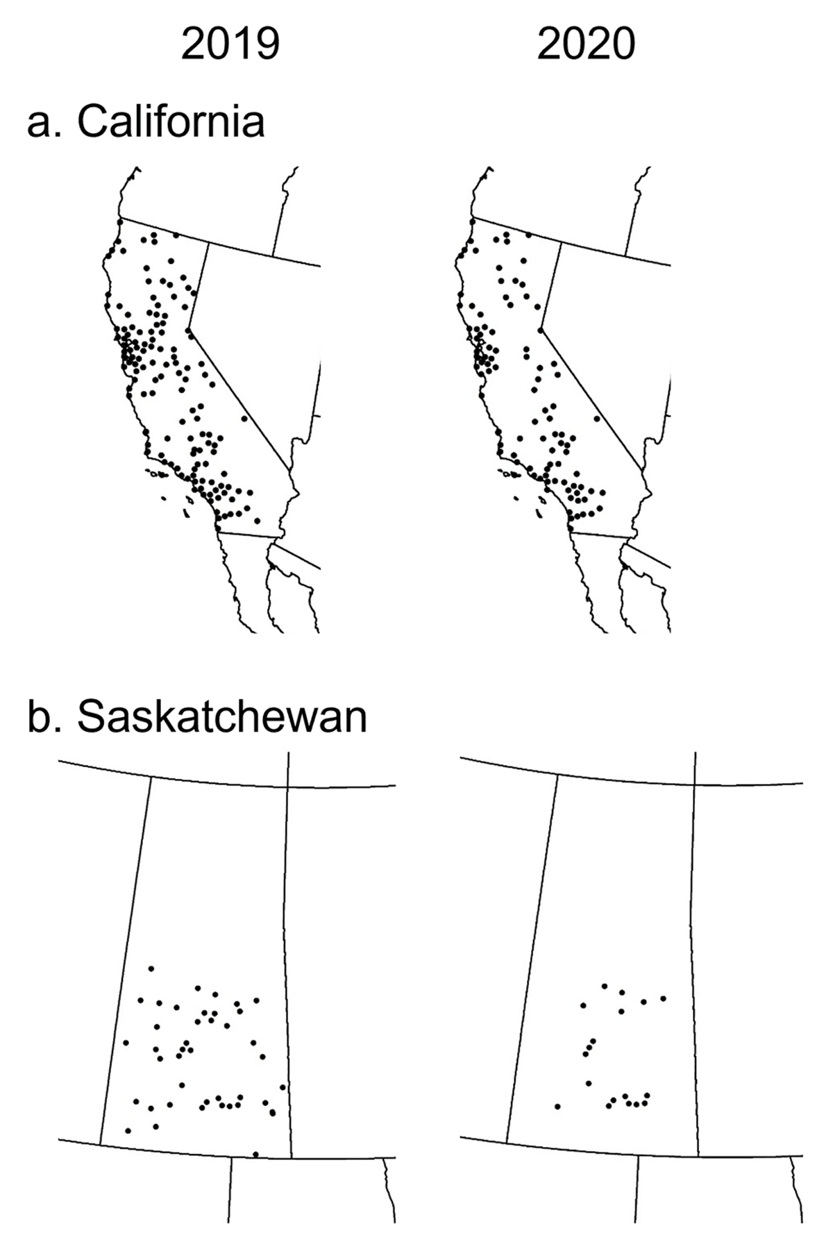 Spatial distribution of Christmas Bird Counts in California and Saskatchewan in 2019 and 2020