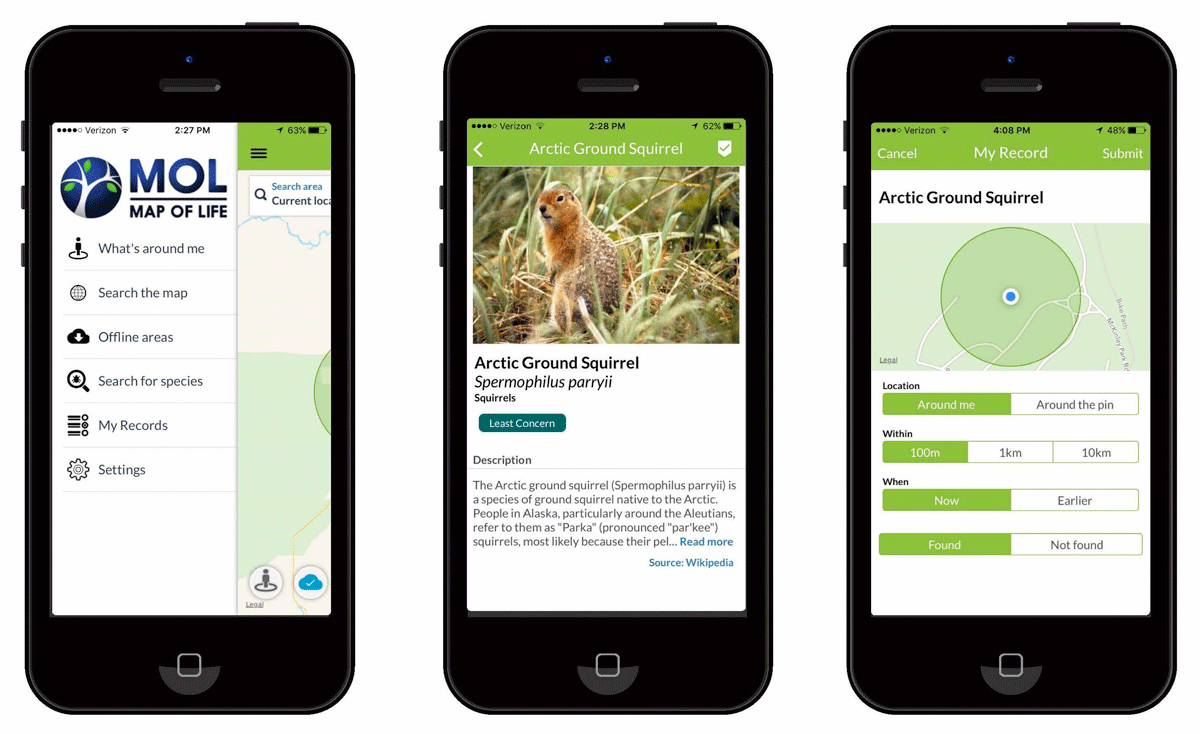 A set of three images of the Map of Life Mobile application