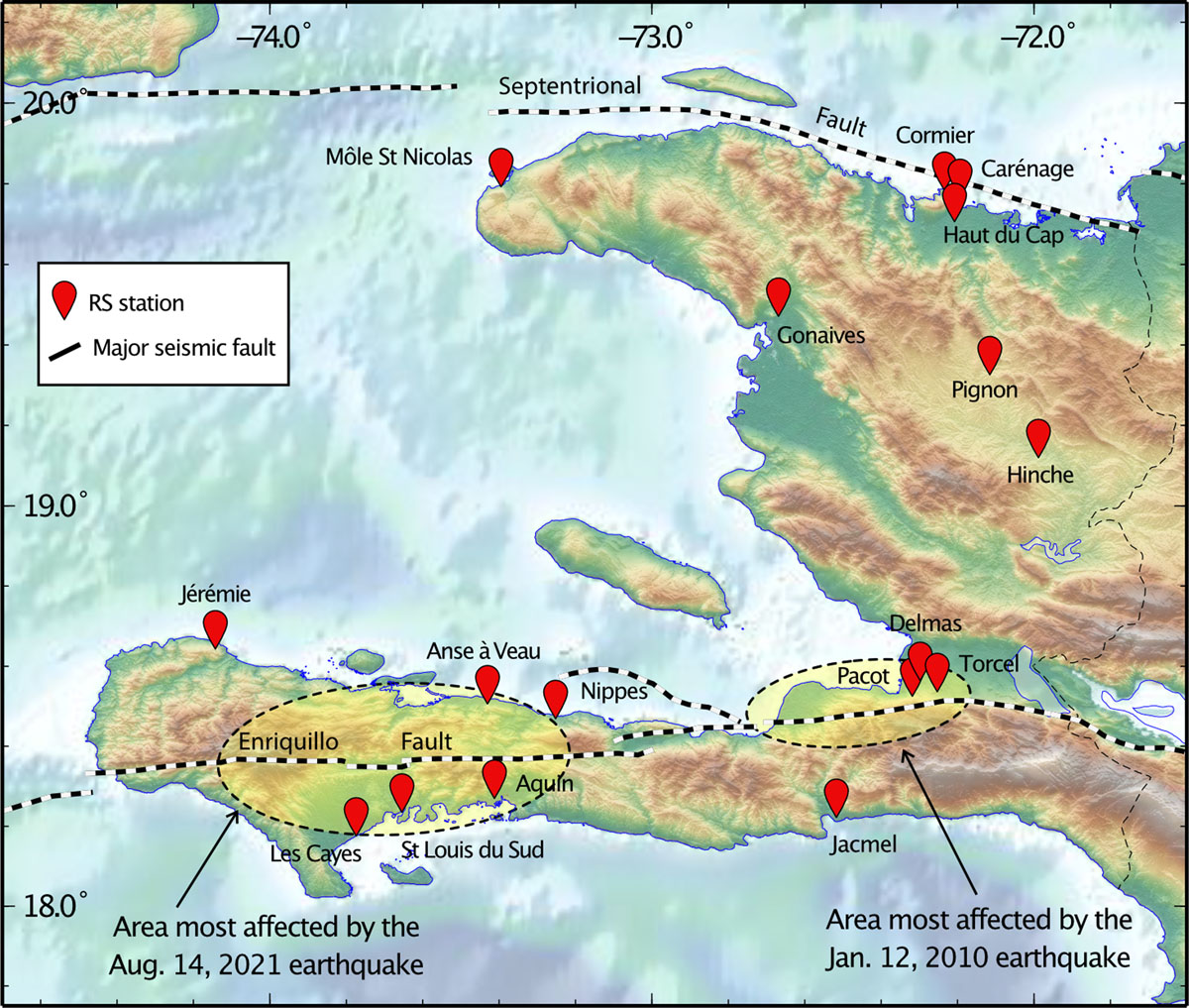 Map of the location of Raspberry Shake stations in Haiti