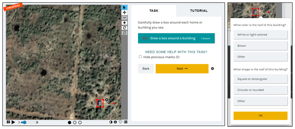 The Power to the People citizen science image annotation interface and context menu multiple choice questions to get roof colours and shapes