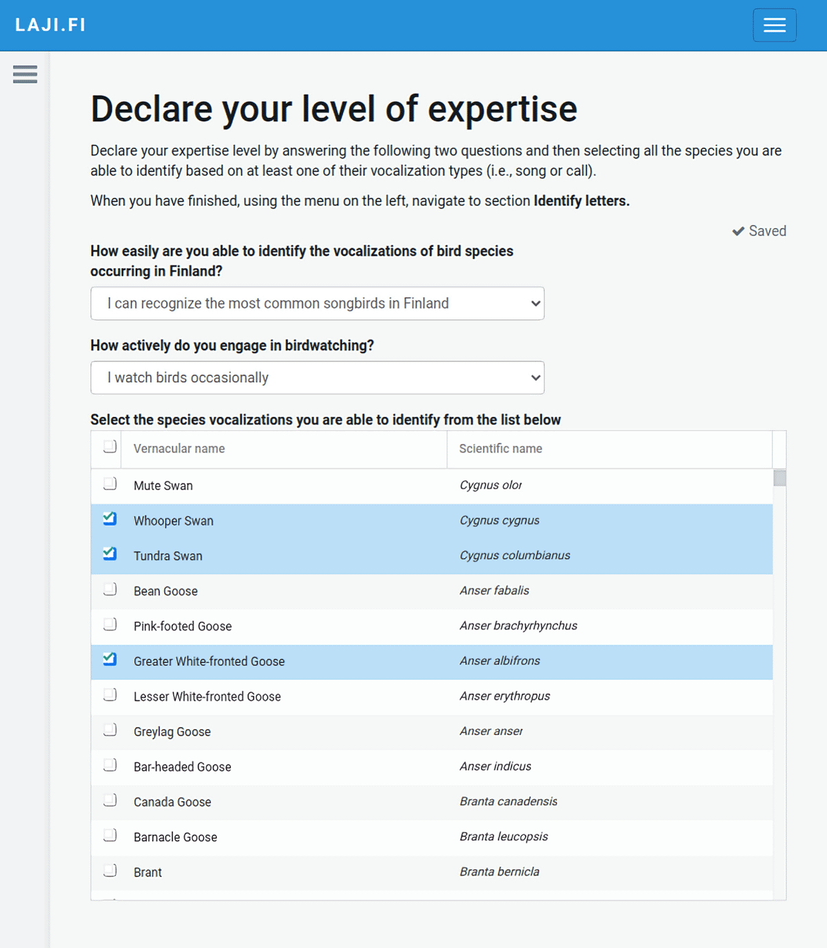 Webportal view of section “Declare your level of expertise.”