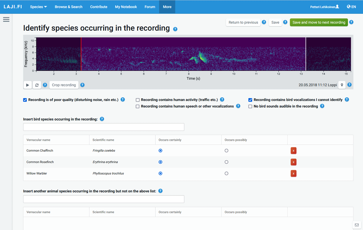 Webportal view of section “Identify recordings.”