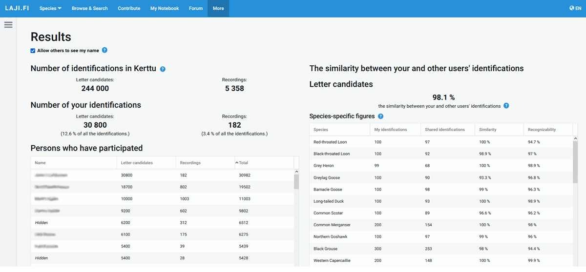 Webportal view of section “Results.”