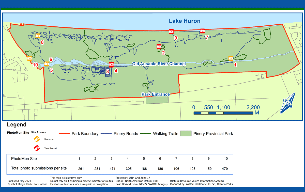 Map of Pinery Park (Ontario, CA) indicating ten photo-point monitoring sites