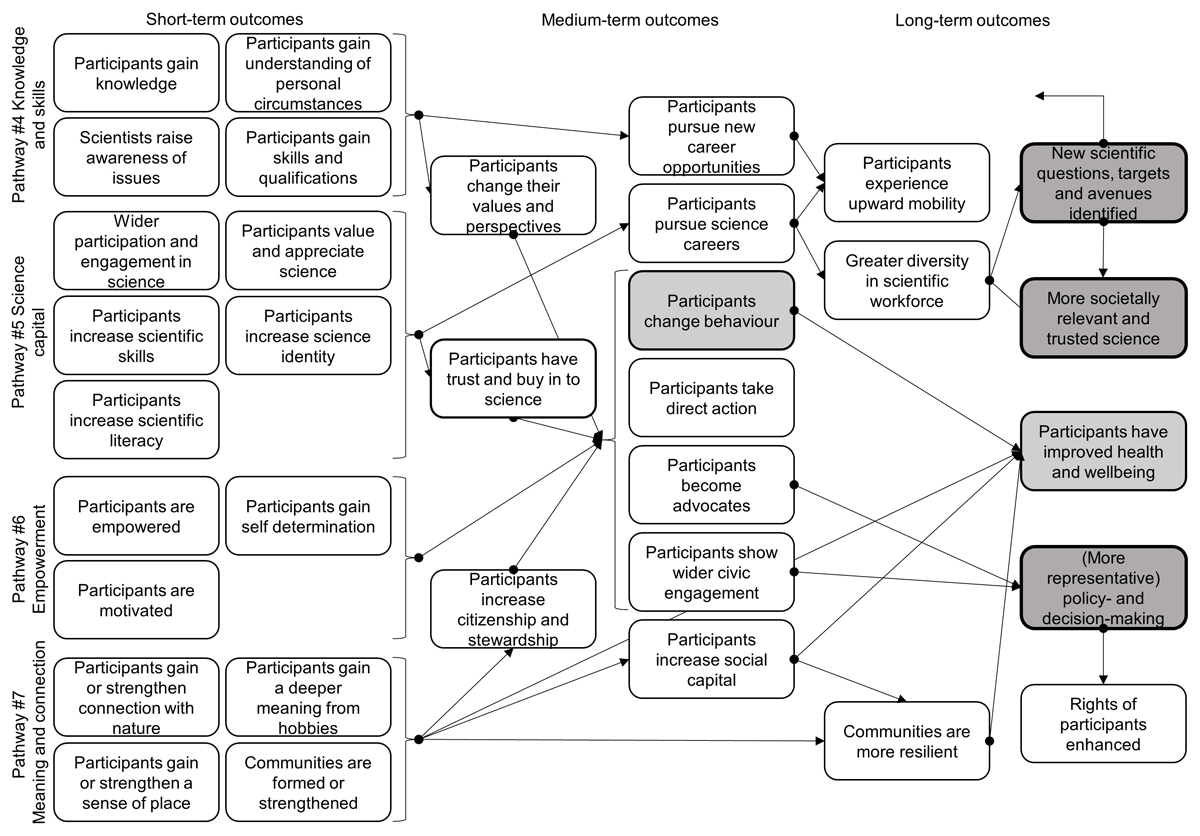 Outcomes are shown in boxes and arrows show their linkages