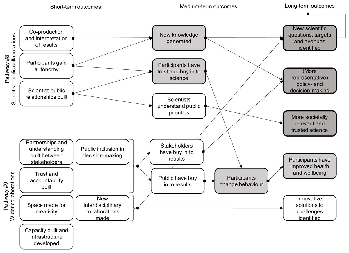 Outcomes are shown in boxes and arrows show their linkages