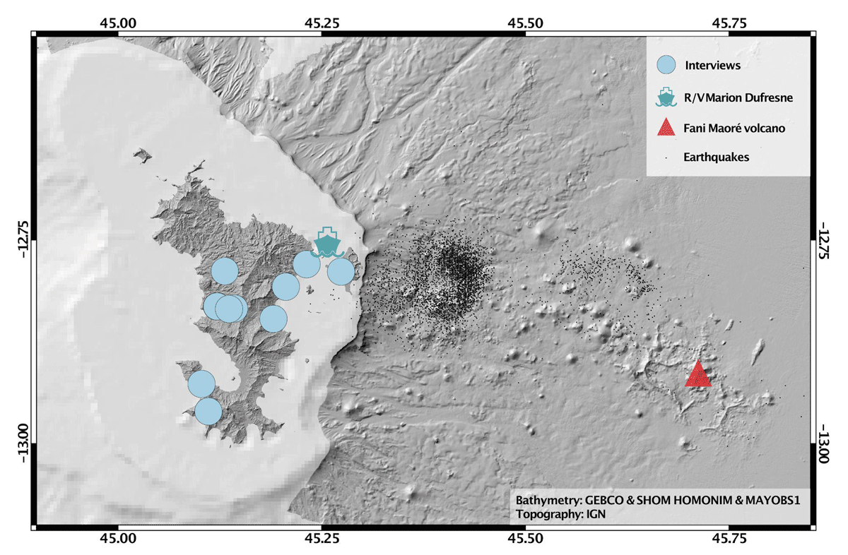 Map of Mayotte showing the volcano and the areas where interviews were conducted