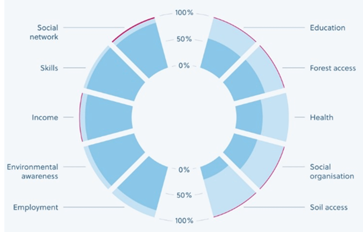 Changes in livelihood benefits due to involvement in restoration projects as perceived by the restoration workers. The diagram shows the percentage of workers perceiving benefits as increased (blue), as having no effect (light blue), or as decreased (red). N = 181. Source: Pasgaard et al. 2021