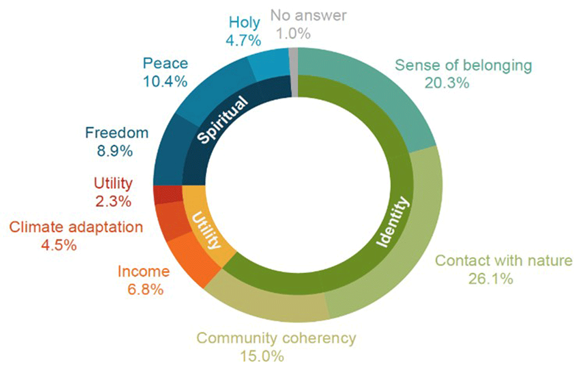 Frequency of values selected from a card with icons naming and illustrating each value. Local residents hold strong identity-related values about their urban green space, followed by values like peace, freedom and holiness. Use values, including climate adaptation and income, are less frequently selected. All respondents selected up to three values each. N (respondents) = 200