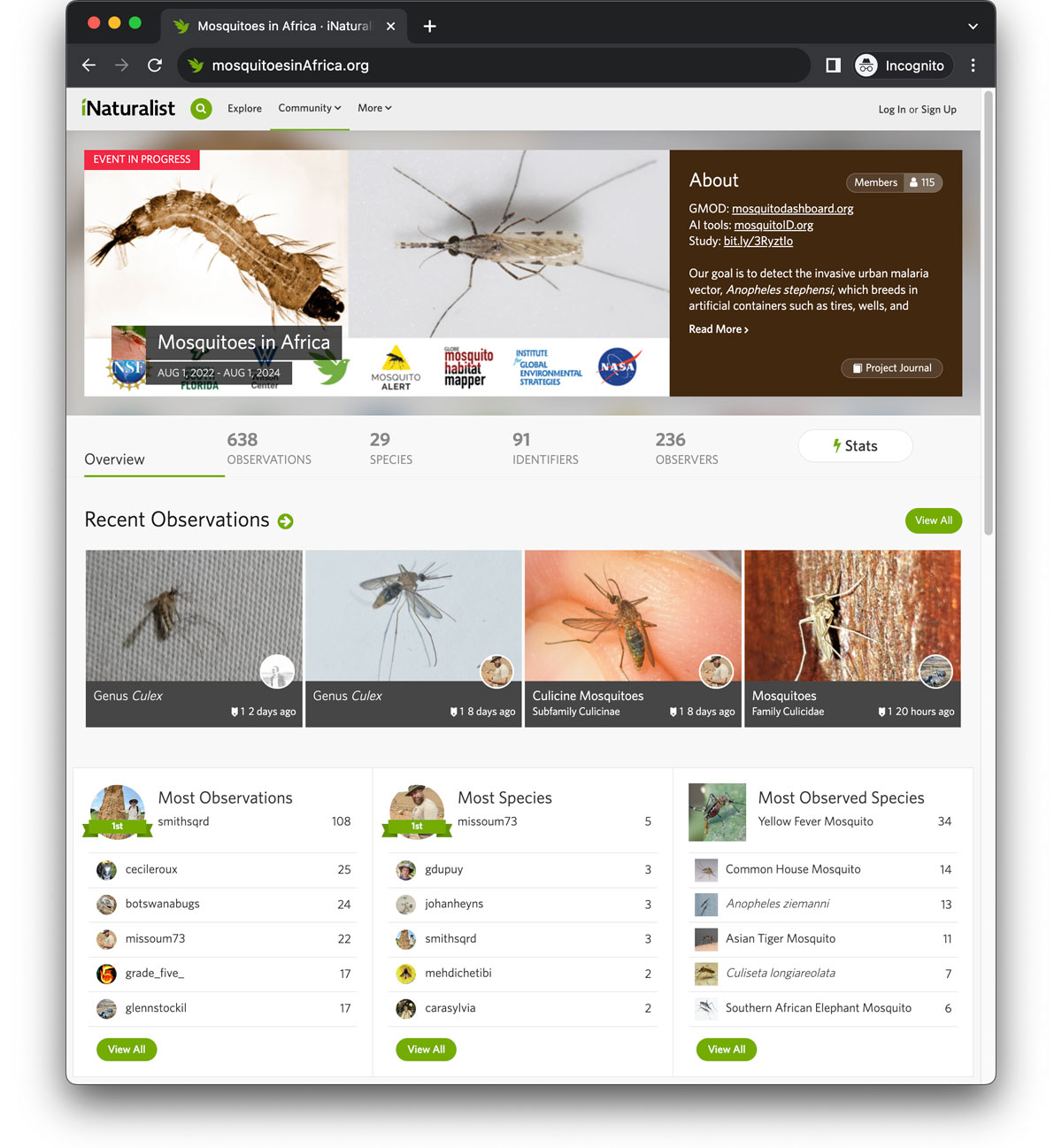 Webpage of the ongoing iNaturalist campaign, Mosquitoes In Africa (mosquitoesinAfrica.org)
