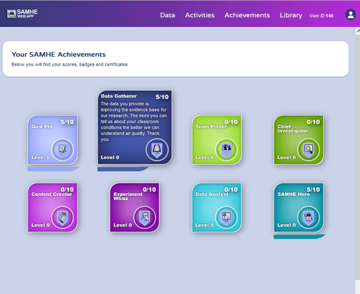 Screenshot of the Web App showing colourful virtual badges