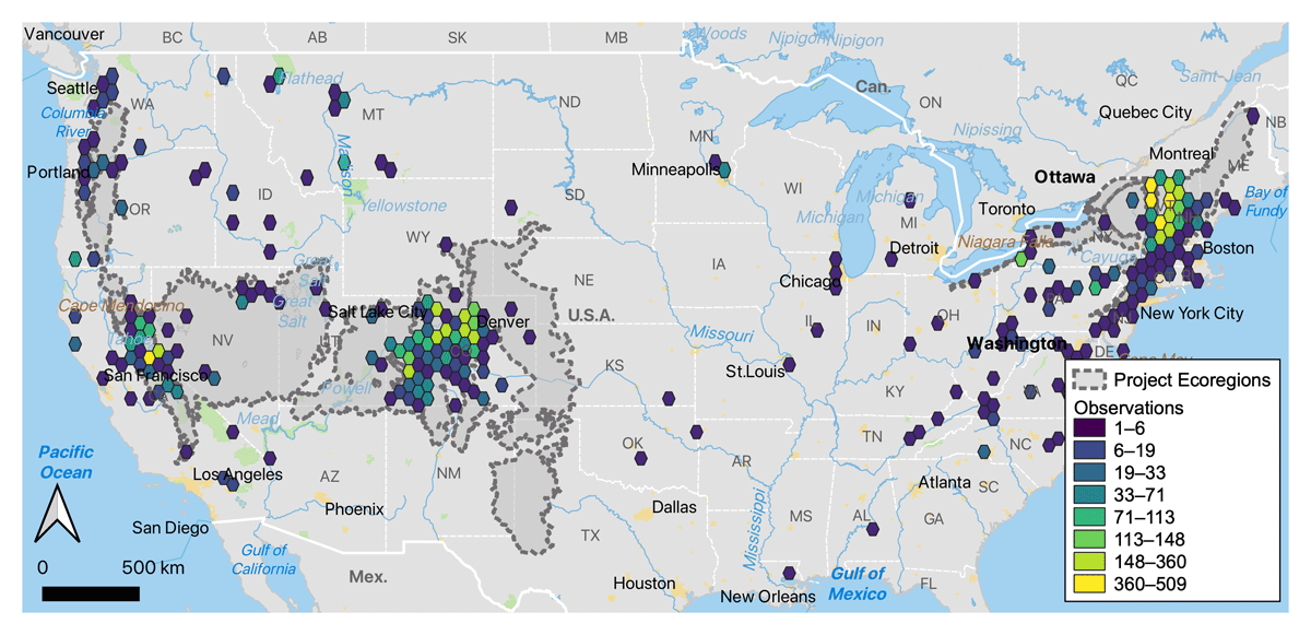 Heat map of the continental United States showing density of observations