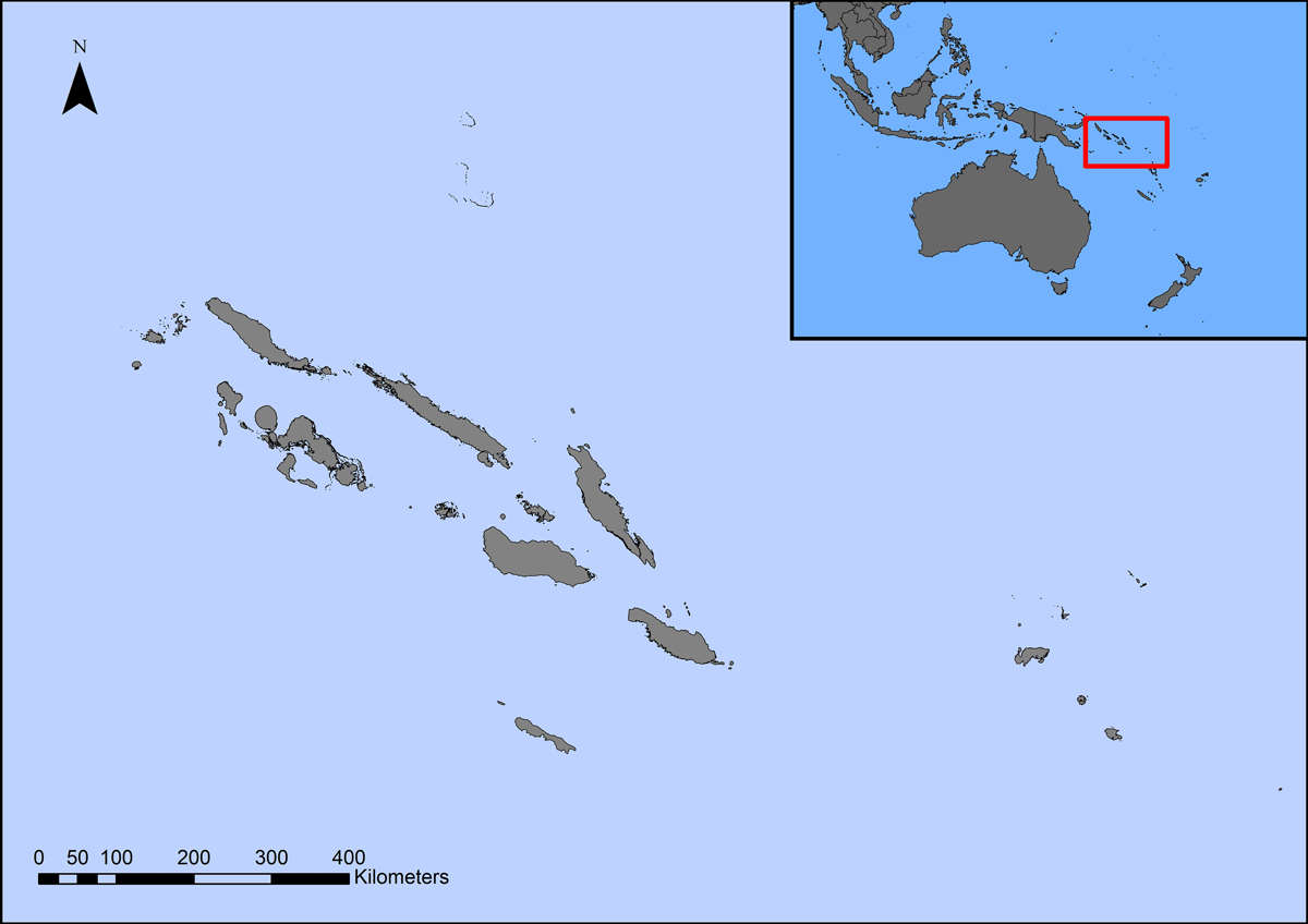 Map of Solomon Islands with insert showing Solomon Island’s location in the Pacific Ocean