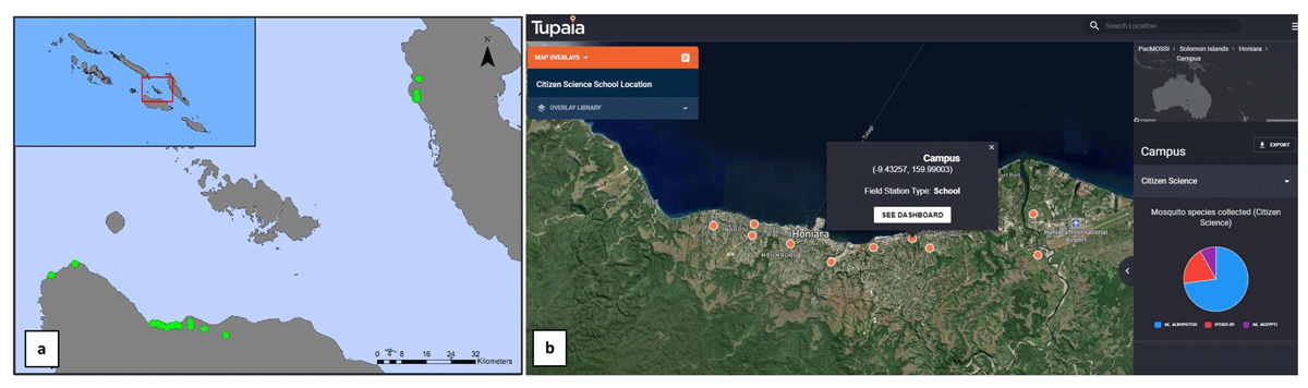 Location of participating schools and an example of a mosquito distribution map produced by the project