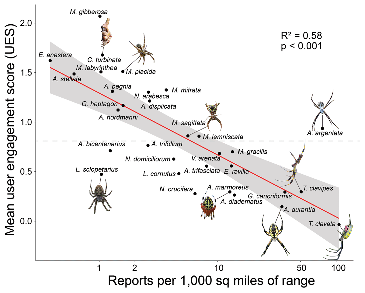 Mean user engagement score (UES) among users reporting a species plotted against the number of research grade (RG) observations of that species per 1000 miles2 of range. Lower UES scores indicate species typically reported by more casual iNaturalist users, whereas higher scores indicate species typically reported by more committed iNaturalist users. The dotted line represents the average engagement level of users among analyzed species. Species represented with photos are marked with an asterisk