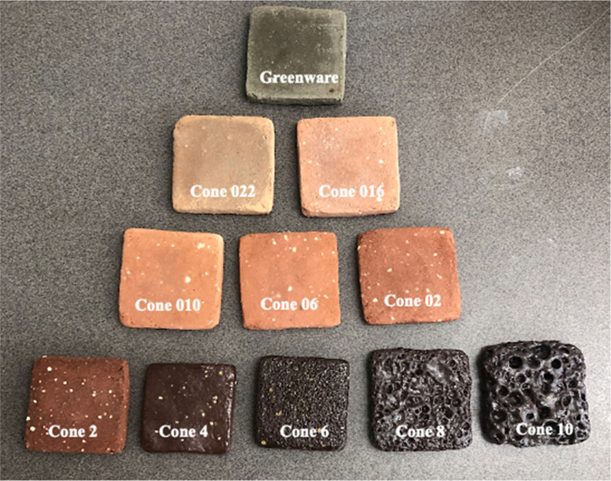 Ceramic tiles made from algae fired at increasing kiln temperatures