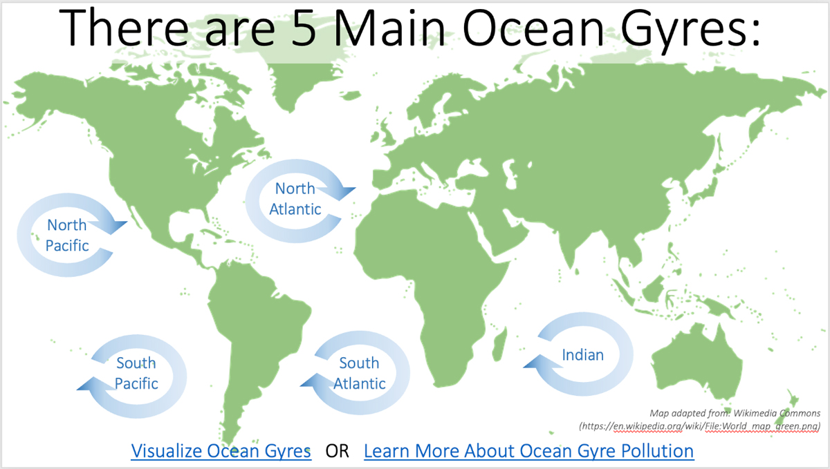 A map of the world showing the general location of the 5 ocean gyres