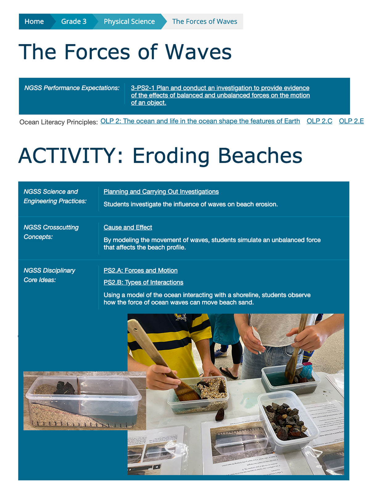 Two students hold wooden spatulas upright inside a small plastic container that has rocks, sand, and water. The container has measurement marks on the outside to monitor how the sand moves after using the spatula as a paddle to model wave movement