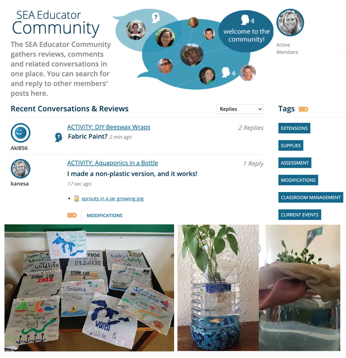 A snapshot of the community web page shows comments such as, "I made a non-plastic version, and it works!" and two images. Left shows 11 small fabric squares with different drawings to make into beeswwax wraps. Right shows a plastic water bottle with the top cut off and inverted, and a fish in water in the bottom half, and a plant growing in the top