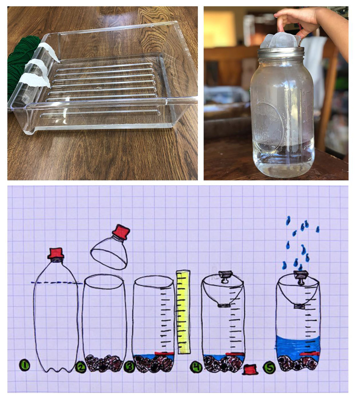 Top left shows plastic fridge drawer filled with an inch of water and small strips of paper taped to the side. Top right shows a small hand placing ice cubes on top of the lid of a large mason jar partly filled with water. Bottom is a hand drawn diagram of using a 2L soda bottle to make a rain gauge