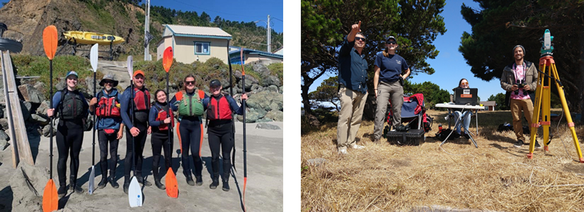 Students during kayak training and surveying on cliff