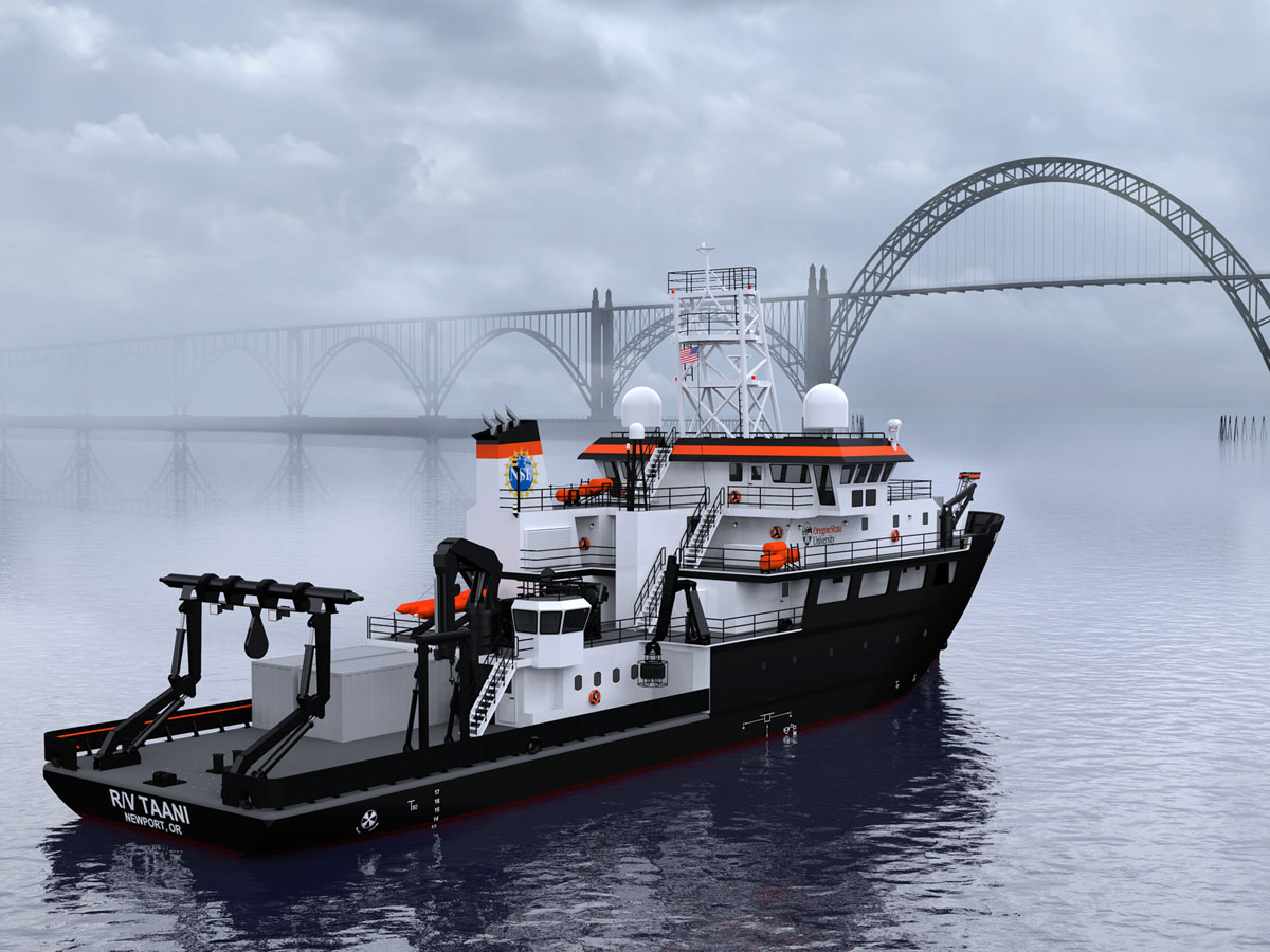 Rendering of the R/V Taani sailing under a bridge