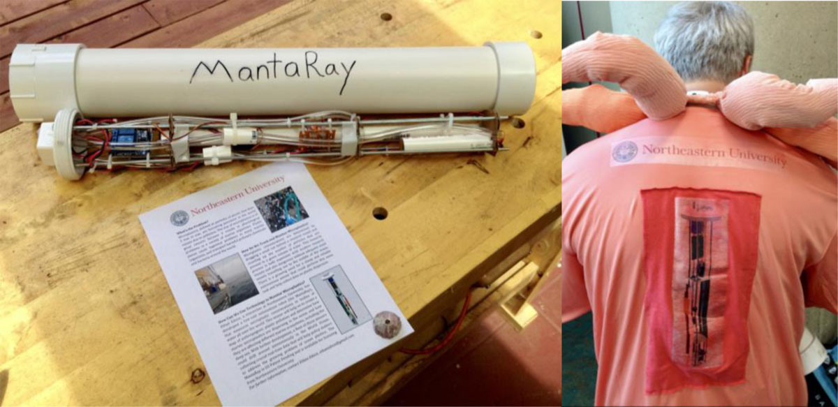 Left: Costume accessory (microplastics sampler) with flyer; Right: CAD/CAM diagram of microplastics sampler on back of polyp costume