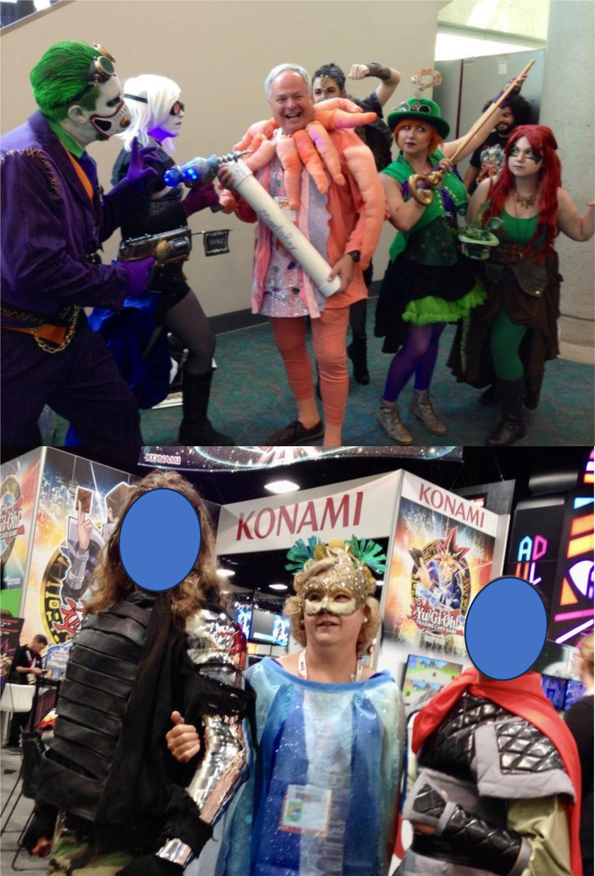 Top: Scientist in polyp costume being ‘attacked’ by other cosplayers; Bottom: Scientist in Amphitrite costume with cosplayers in Exhibit Hall