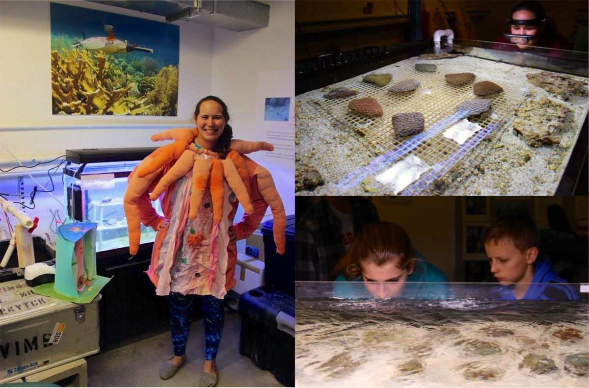 Left: Scientist in polyp costume next to aquarium at outreach event; Top Right: Scientist examining corals in aquarium; Bottom Right: Two young visitors looking at coral colonies in the aquarium