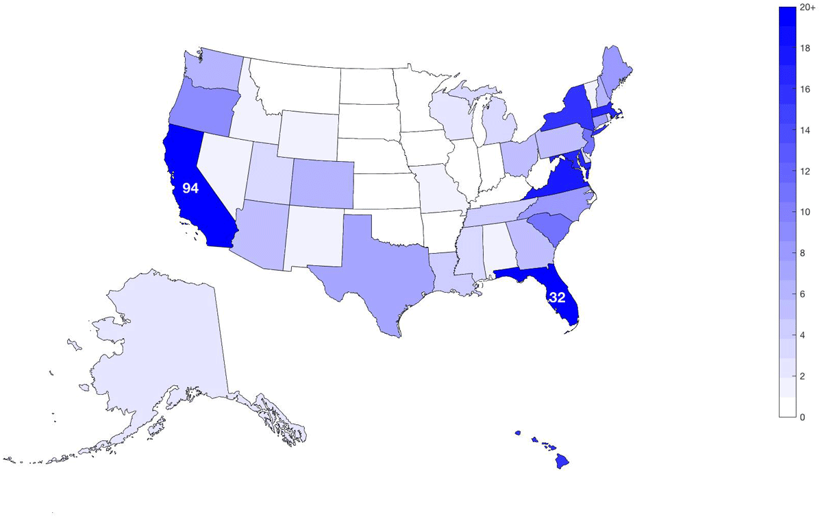 Geographic distribution heat map of 2018 NMEA US members