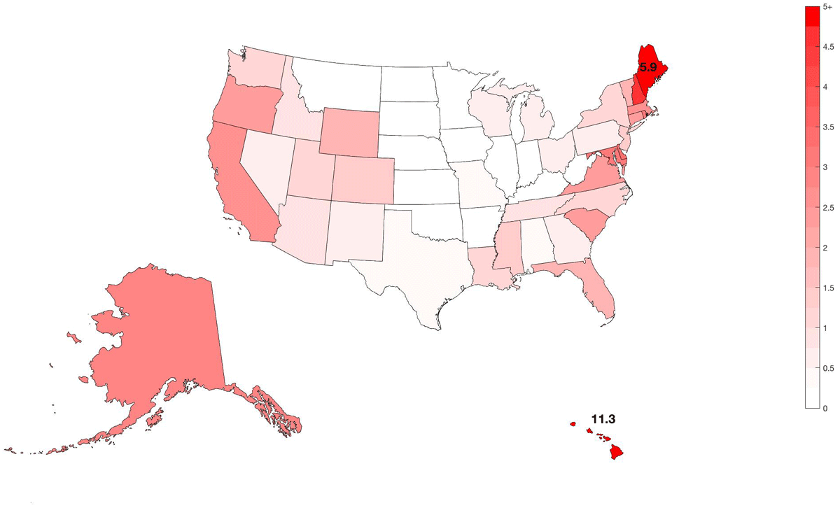 Geographic distribution heat map of 2018 NMEA US members controlling for state population size