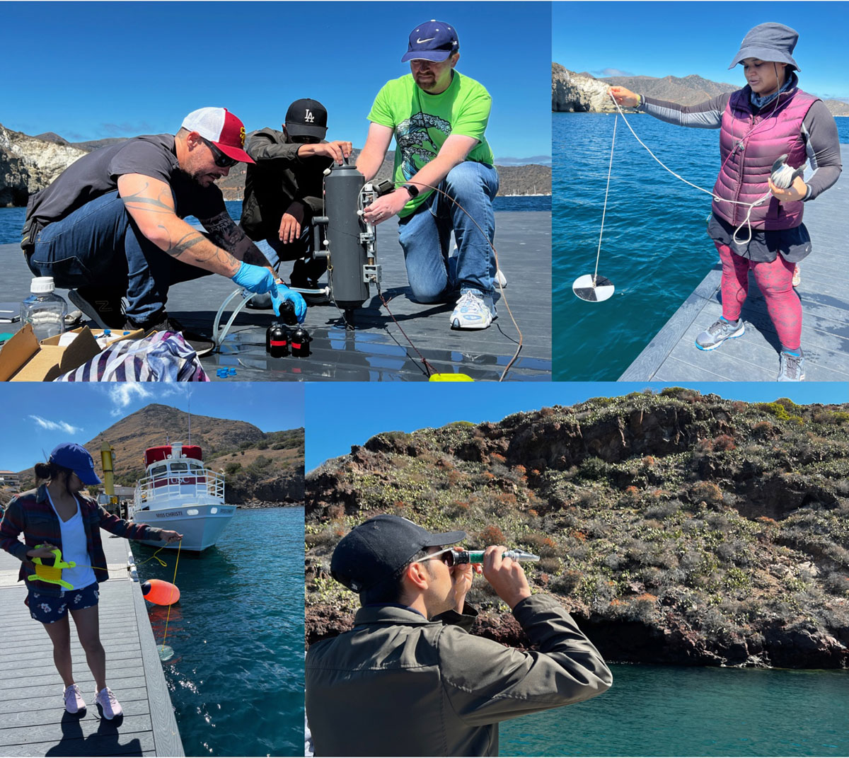 Educators on dock sampling water quality with Secchi disk, Niskin bottle, and refractometer