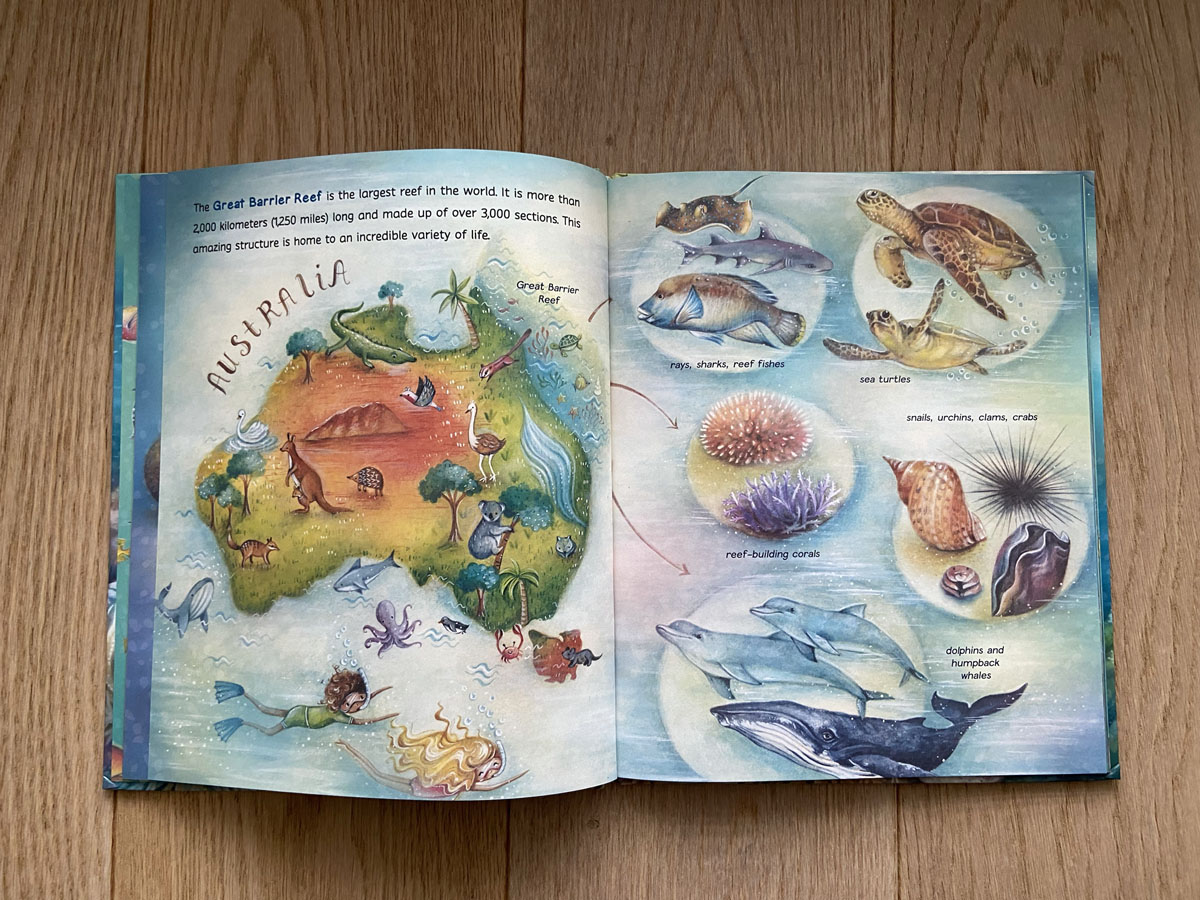 A spread from children’s book Keepers of the Reef with ocean animal illustrations