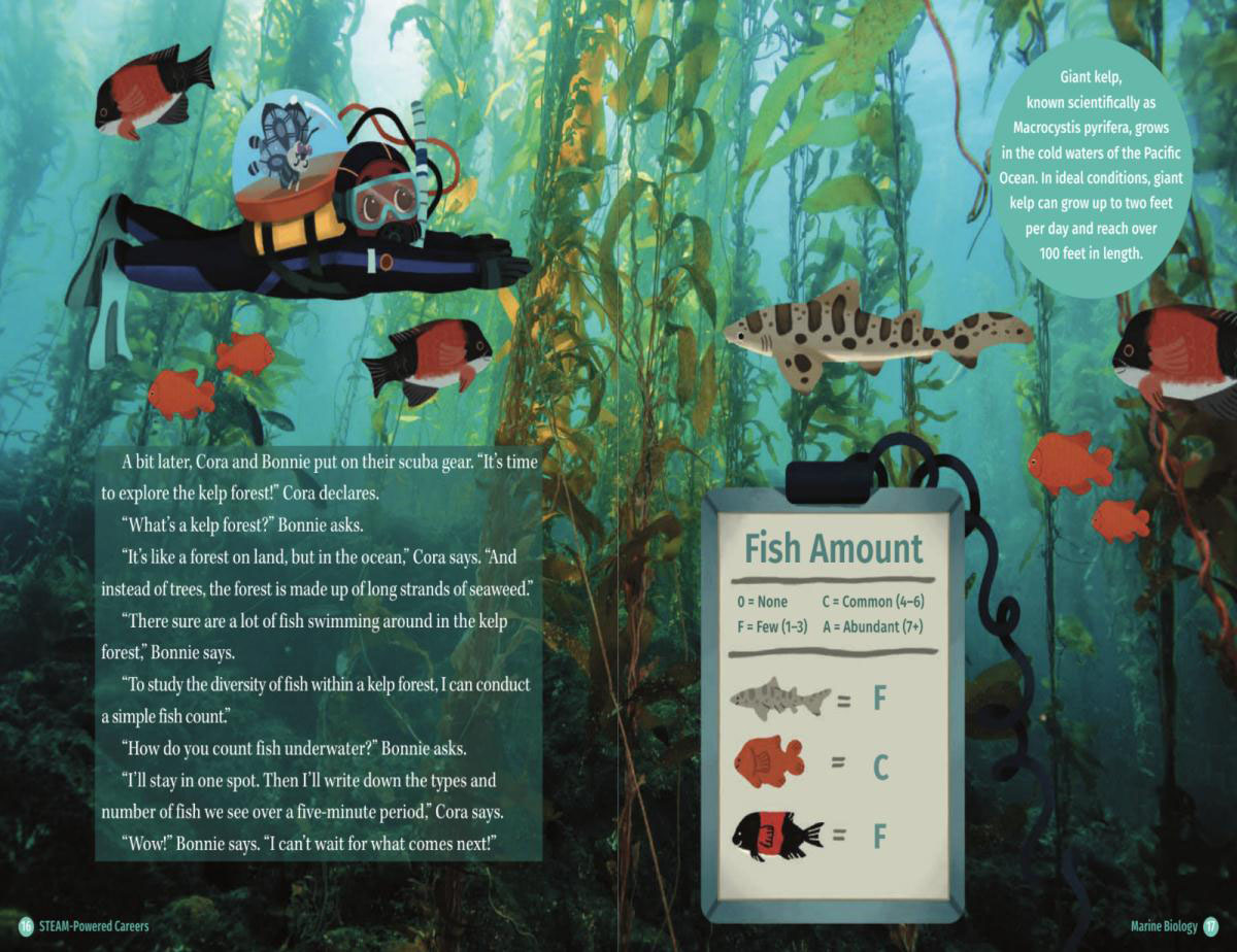 Pages 16–17 from the Marine Biology Book in the STEAM Powered Careers Book Series written by Maria Madrigal and published by Room to Read. There is permission to be reproduced
