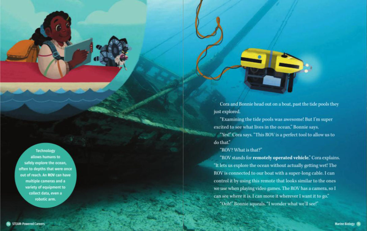 Pages 14–15 from the Marine Biology Book in the STEAM Powered Careers Book Series written by Maria Madrigal and published by Room to Read. There is permission to be reproduced