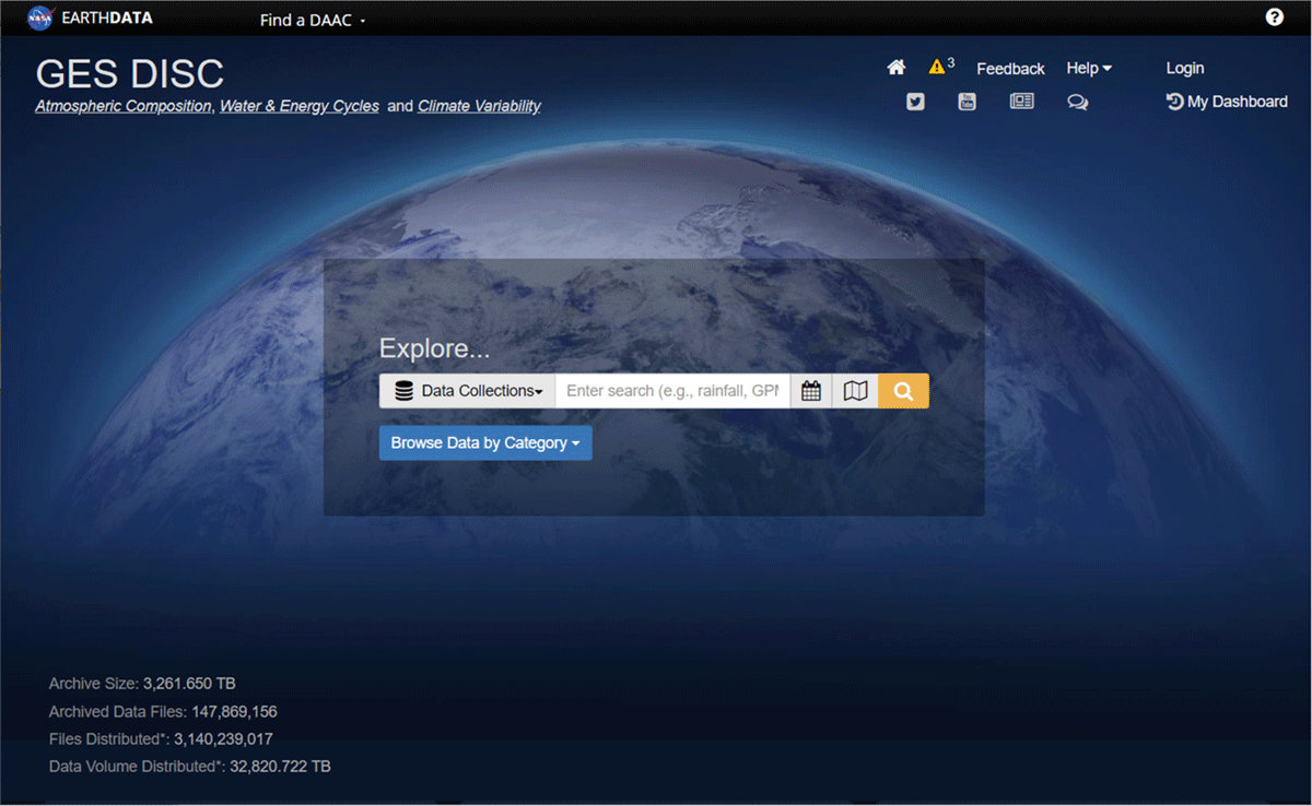 The homepage of GES DISC with search capabilities for datasets, tools, documentation, alerts, data releases, news, FAQs, publications and more