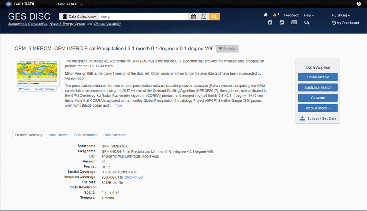 An example of the dataset landing page for the popular NASA Integrated Multi-satellitE Retrievals for GPM (IMERG) monthly dataset. A one-stop ‘shop’ design allowing easy access to data and dataset related information