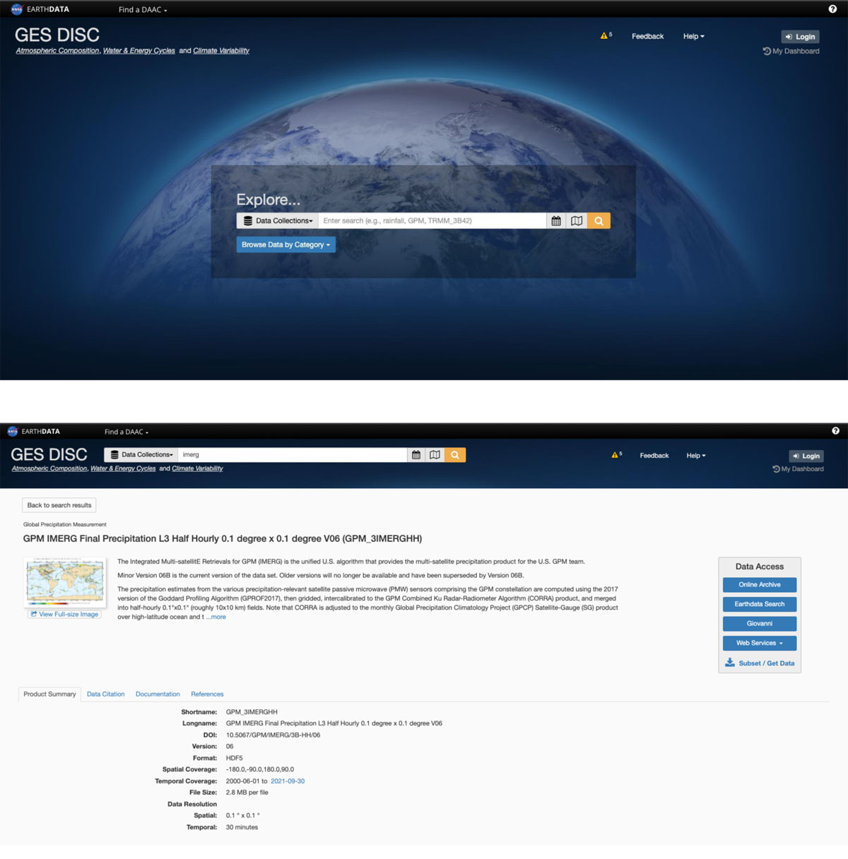 GES DISC web portal and dataset landing page