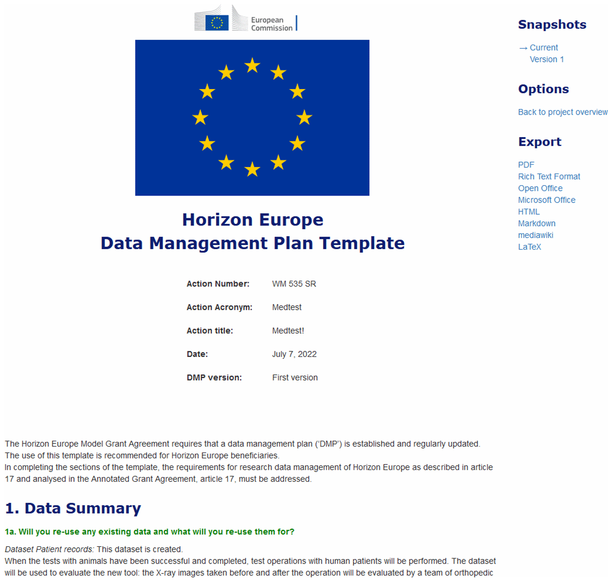 Preview of the ready Horizon Europe Data Management Plan in the RDMO interface