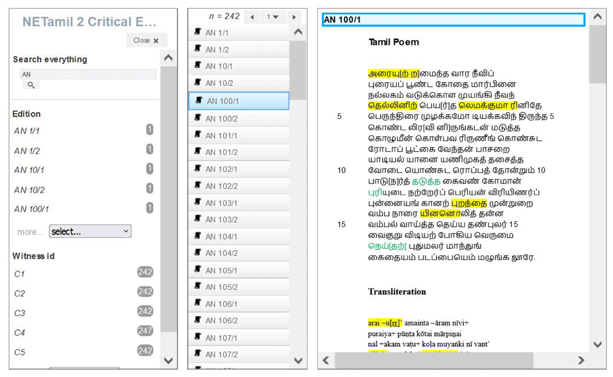 Website created with Heurist; left: search area, middle: result set, right: data representation