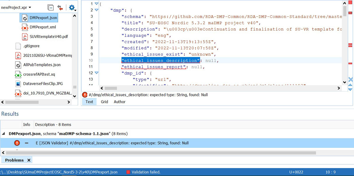 Failed validation against madmp-schema-1.1.json of direct DMPexport.json from DMP Online