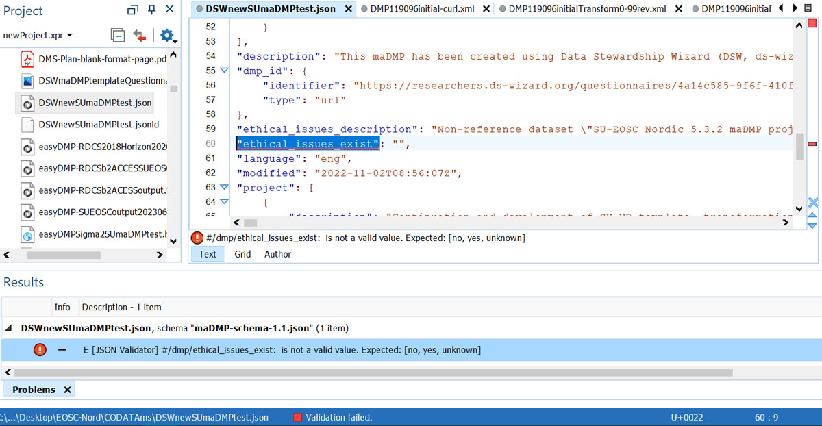 Failed validation of DSW maDMP against madmp-schema-1.1 due to missing answer