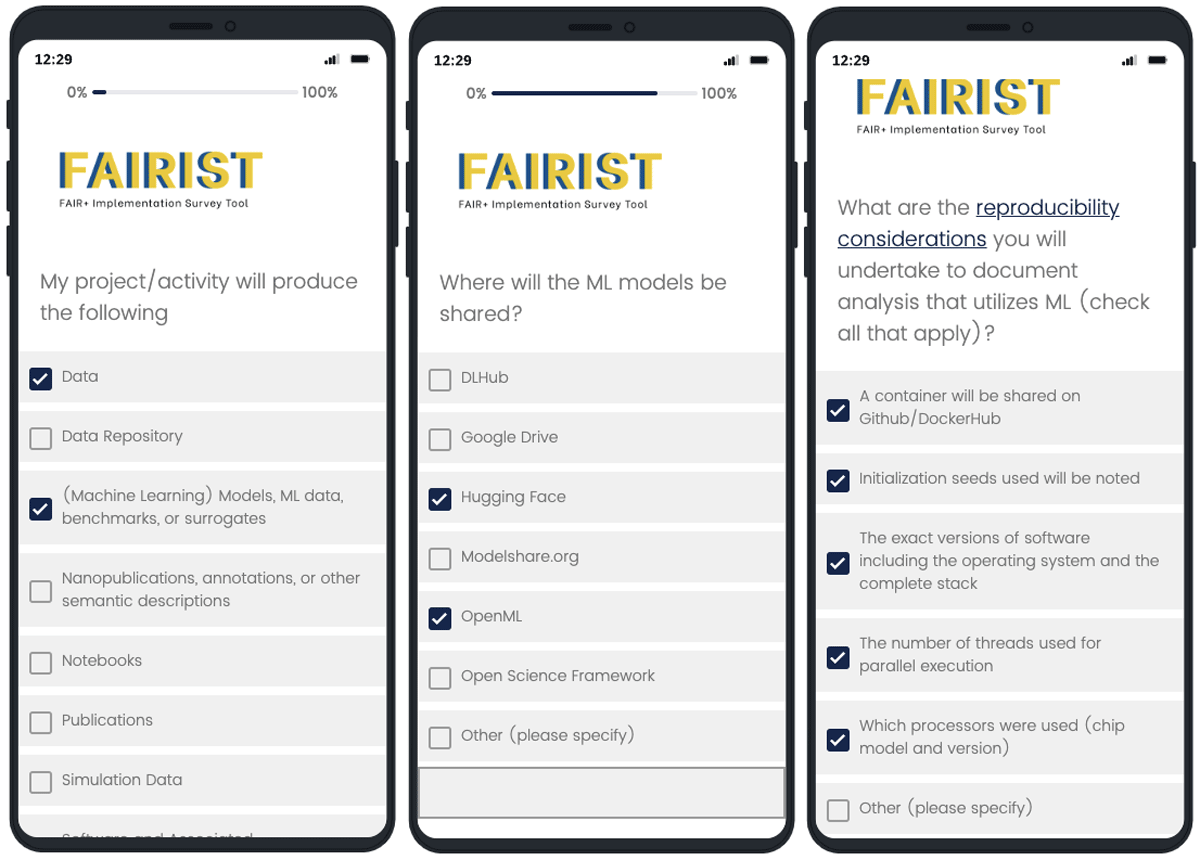 3 screenshots of FAIRIST showing customized questions based on previous answers, e.g., if one answers that models will be produced, FAIRIST asks where will the model be shared