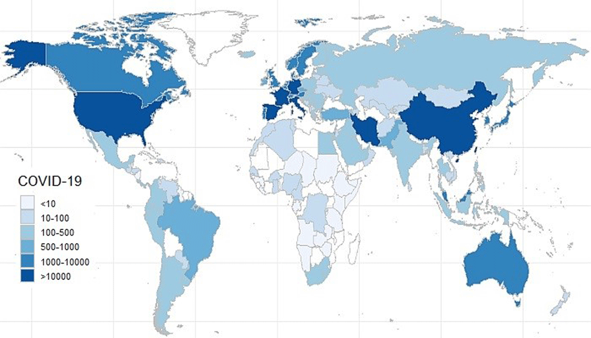 Global confirmed cases by country using a geographic map (author generated)