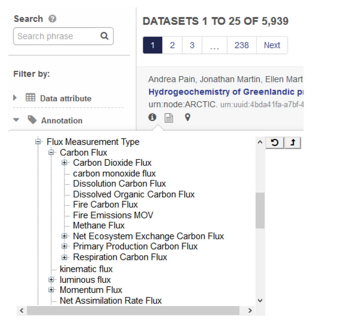 Browsing feature for viewing the annotation term hierarchy in the semantic search interface