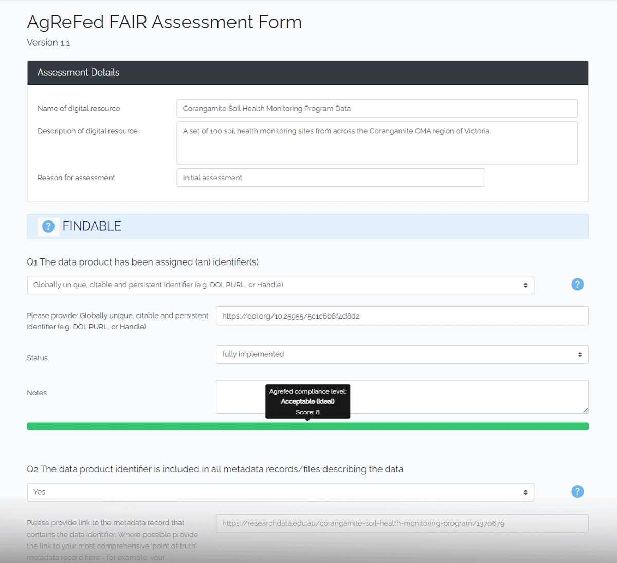 FAIR assessment form showing first two questions and visual user feedback