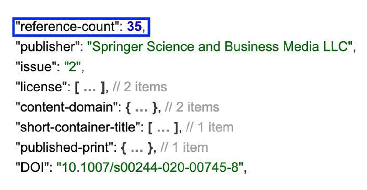 Crossref API call (https://api.Crossref.org/works/10.1007/s00244-020-00745-8) indicating Crossref structural metadata contains references