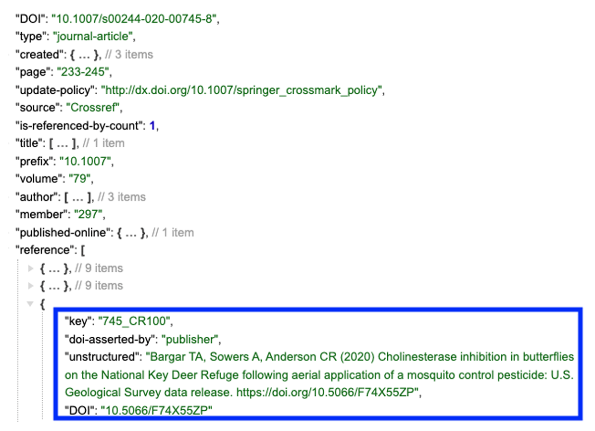 Crossref API call (https://api.Crossref.org/works/10.1007/s00244-020-00745-8) indicating the data DOI is listed in the ‘doi’ element in the reference of the Crossref structural metadata