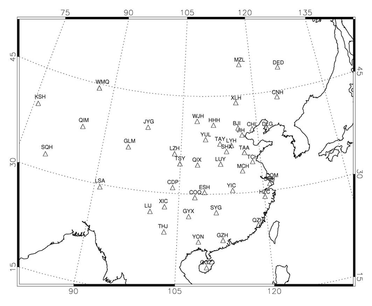 Distribution map of geomagnetic observatories in mainland China