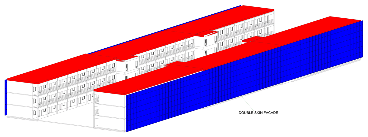 Case A showing the façade of the building with DSF attached.